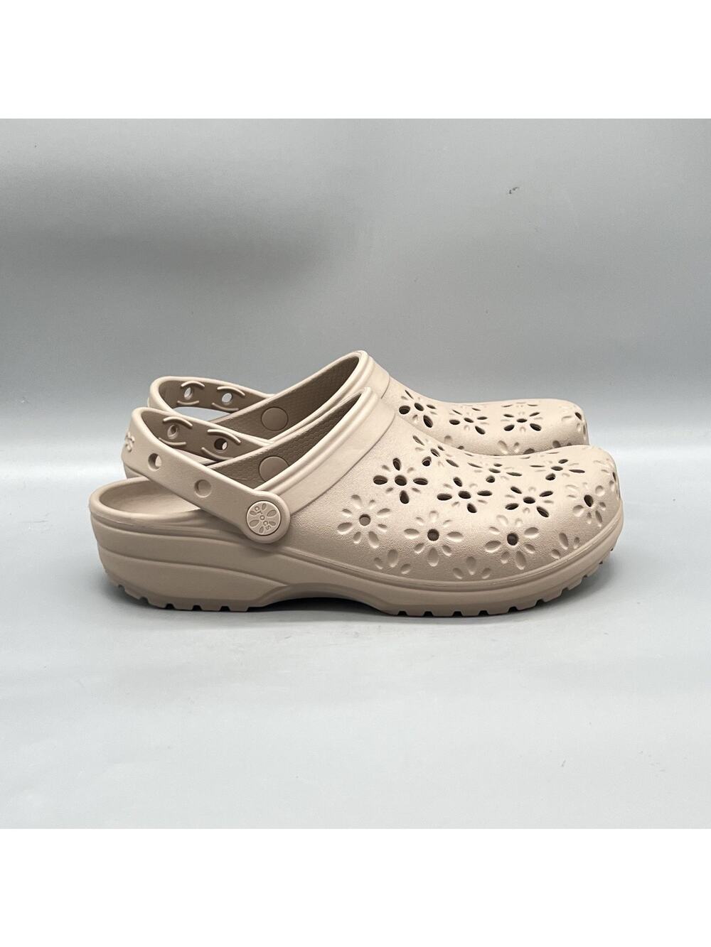 Crocs Shoes Women 9 Beige Tan Synthetic Classic Floral Cut Out Clogs Slip On